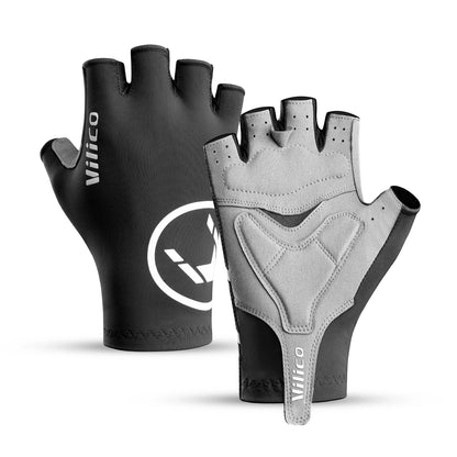 Black half-finger cycling gloves showing the back and grey padded palm with ventilation holes