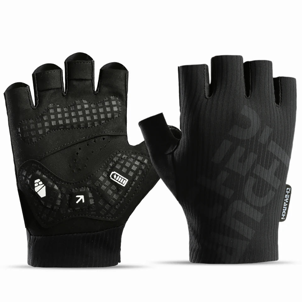 Black half-finger cycling gloves showing the fabric back and SBR Padding