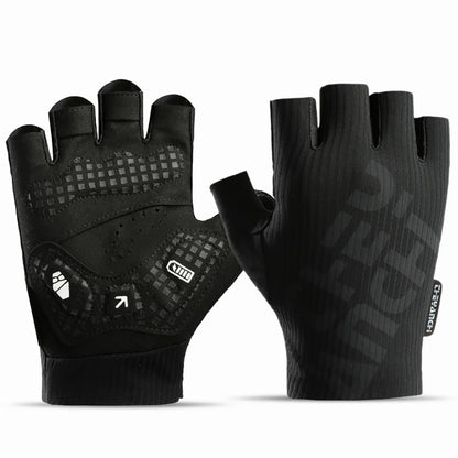 Black half-finger cycling gloves showing the fabric back and SBR Padding