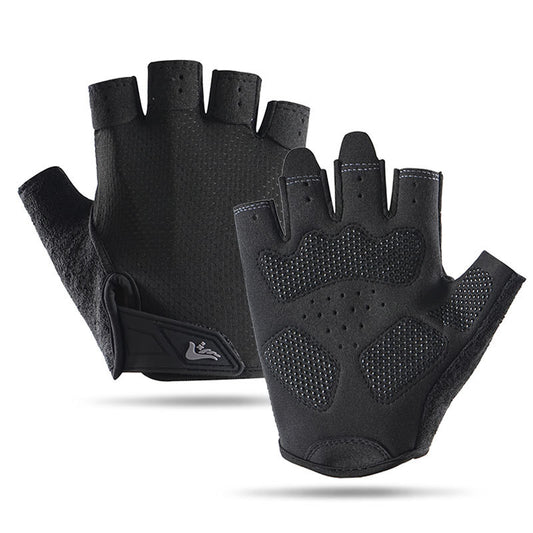 Close-up of black padded fingerless cycling gloves