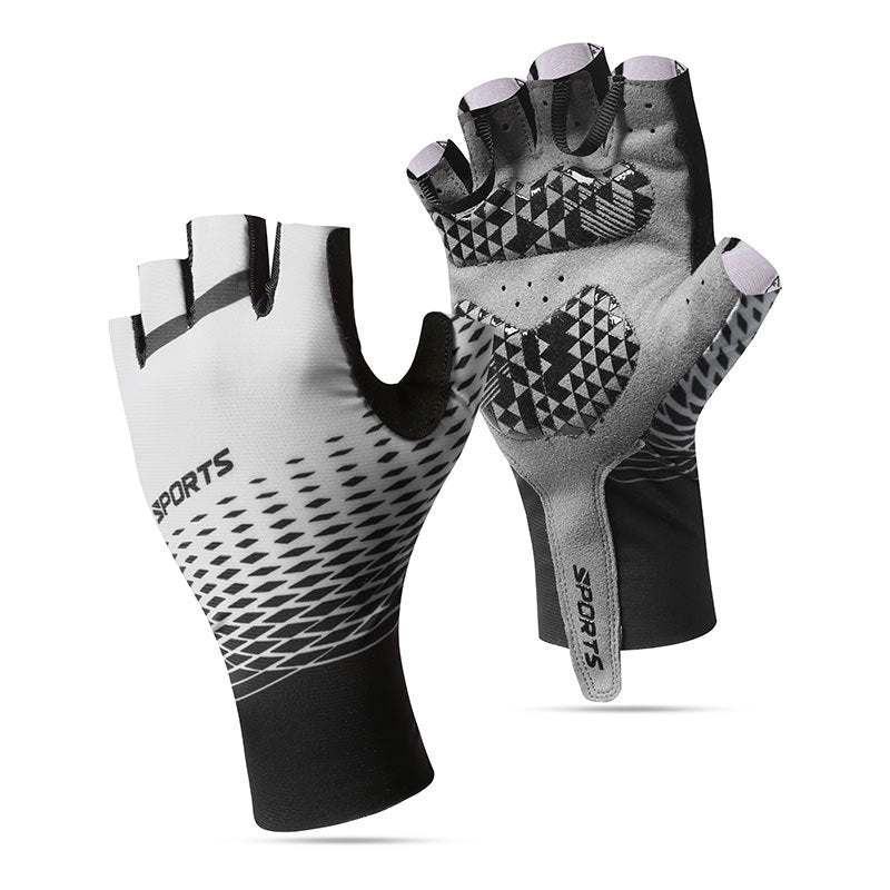 Black and white mesh fingerless cycling gloves, front and palm views