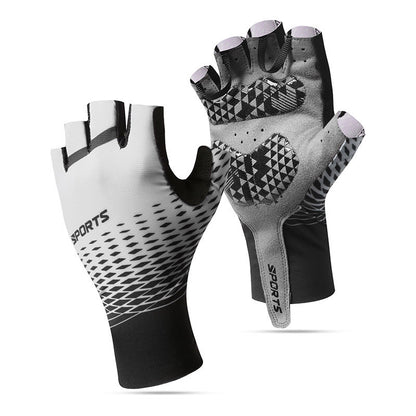 Black and white mesh fingerless cycling gloves, front and palm views