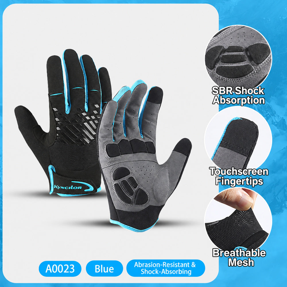 Blue and black full-finger touchscreen cycling gloves