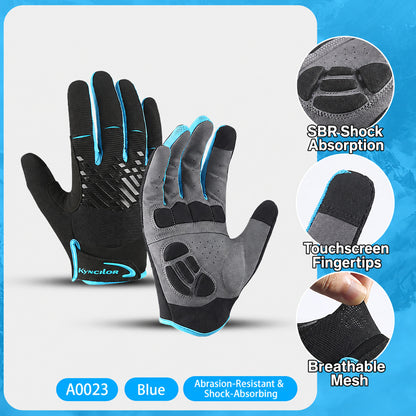 Blue and black full-finger touchscreen cycling gloves