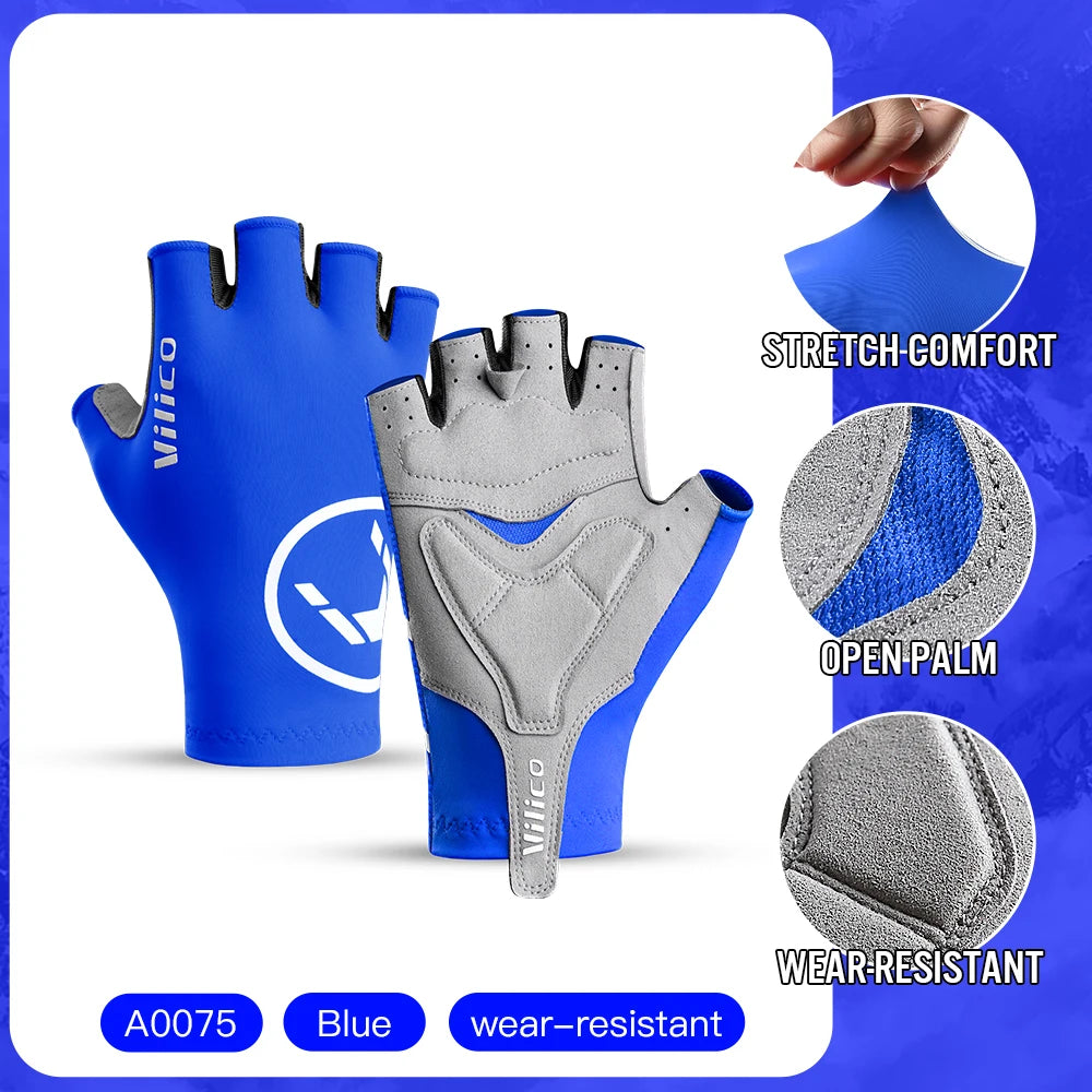 Blue half-finger cycling gloves showing grey palm padding, ventilation holes and stretch fabric