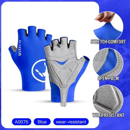 Blue half-finger cycling gloves showing grey palm padding, ventilation holes and stretch fabric