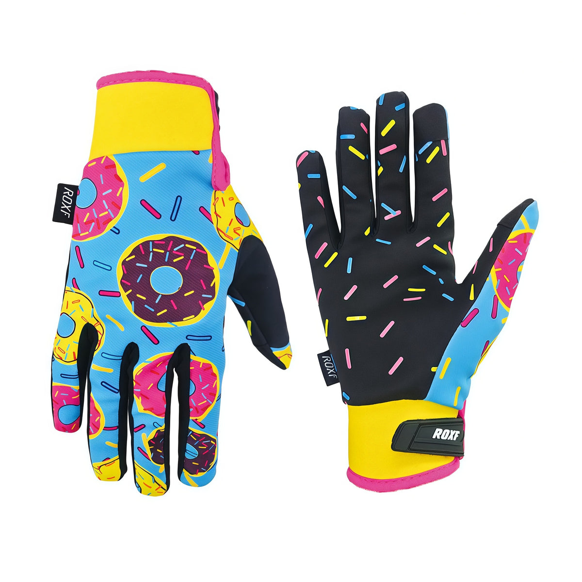 Blue, pink and yellow full-finger cycling gloves, back and palm views