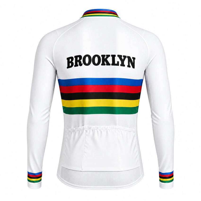 Brooklyn Rainbow Stripe Retro Long Sleeve Cycling Jersey – White back view
