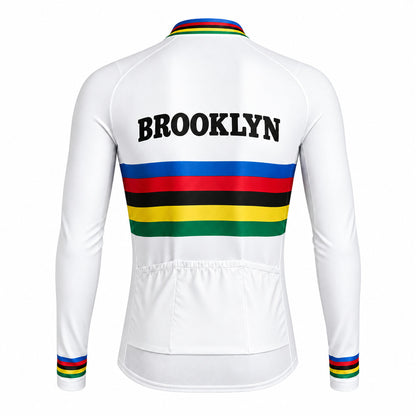 Brooklyn Rainbow Stripe Retro Long Sleeve Cycling Jersey – White back view