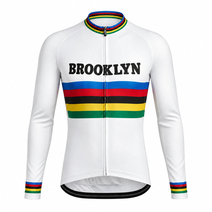 Brooklyn Rainbow Stripe Retro Long Sleeve Cycling Jersey – White front view
