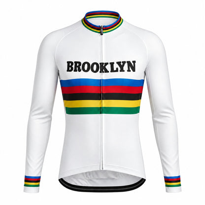 Brooklyn Rainbow Stripe Retro Long Sleeve Cycling Jersey – White front view