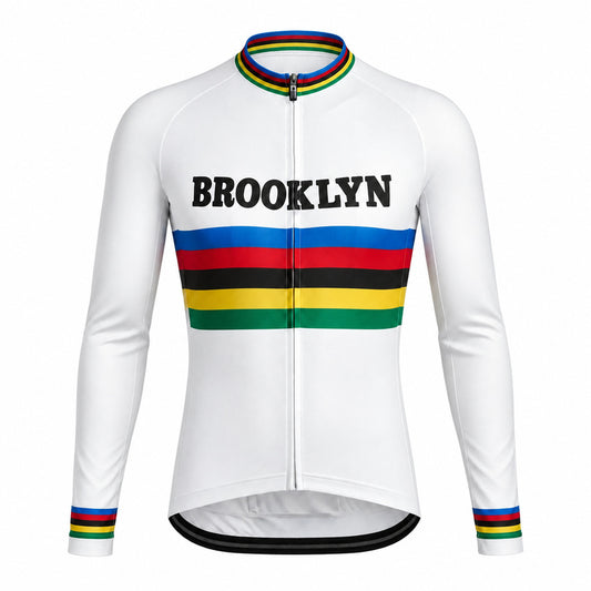 Brooklyn Rainbow Stripe Retro Long Sleeve Cycling Jersey – White front view