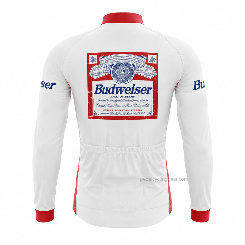 Front view of a white, red and blue Budweiser retro long-sleeve cycling jersey.