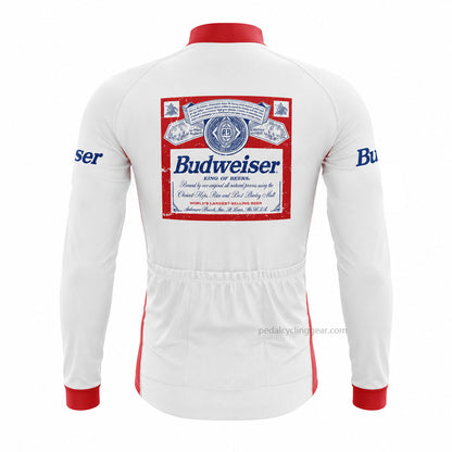 Front view of a white, red and blue Budweiser retro long-sleeve cycling jersey.