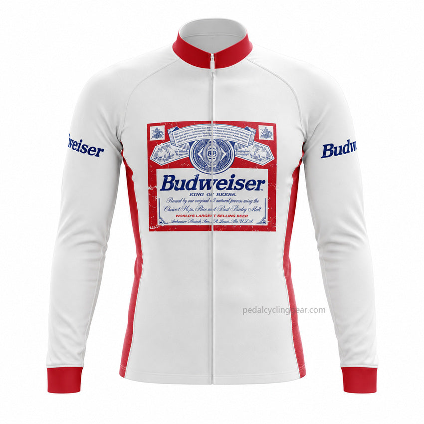 Back view of a white, red and blue Budweiser retro long-sleeve cycling jersey.