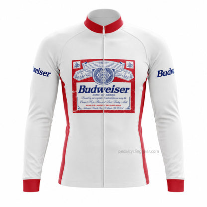 Back view of a white, red and blue Budweiser retro long-sleeve cycling jersey.