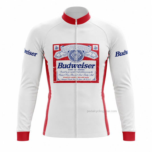 Back view of a white, red and blue Budweiser retro long-sleeve cycling jersey.