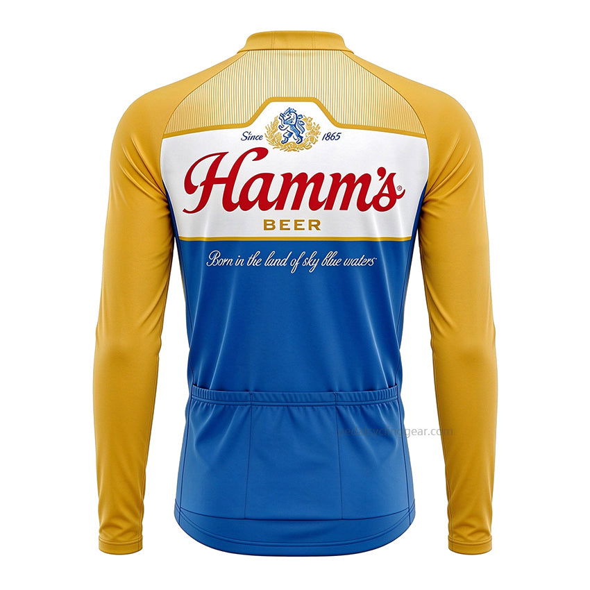 Back view of a blue and gold Hamm's Beer retro long-sleeve cycling jersey.