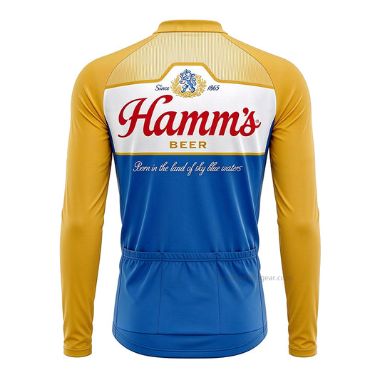 Back view of a blue and gold Hamm's Beer retro long-sleeve cycling jersey.