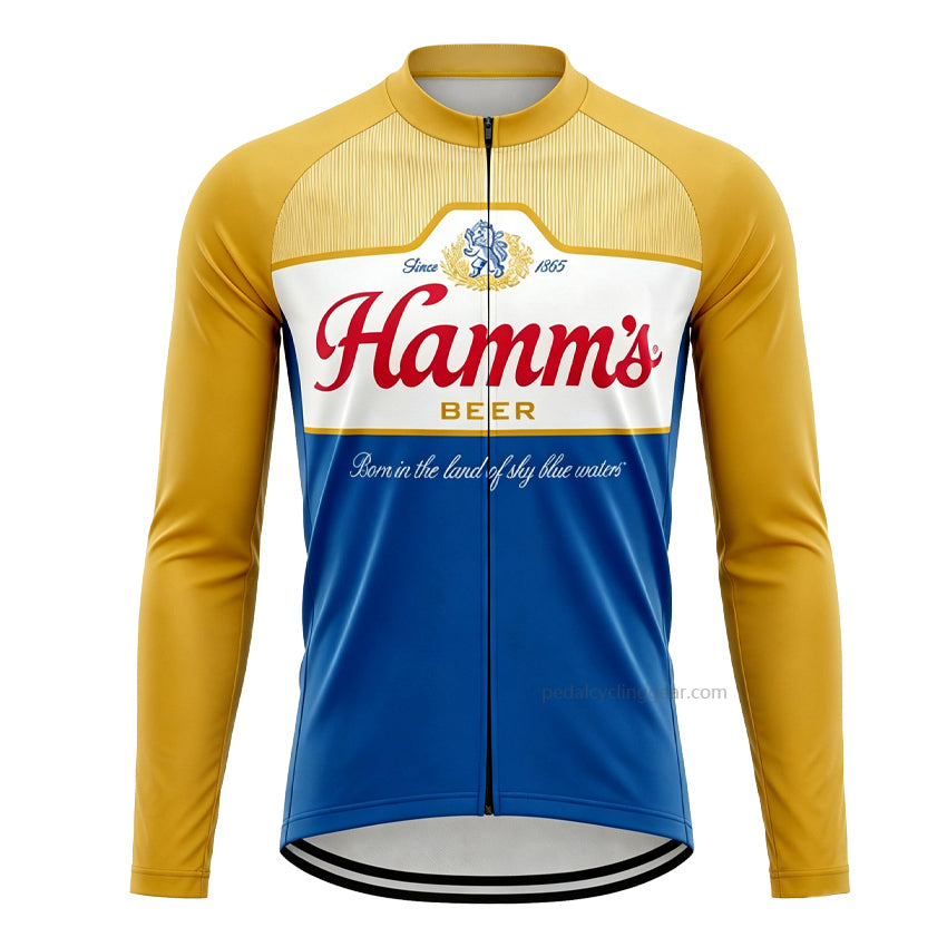 Front view of a blue and gold Hamm's Beer retro long-sleeve cycling jersey.