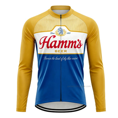 Front view of a blue and gold Hamm's Beer retro long-sleeve cycling jersey.