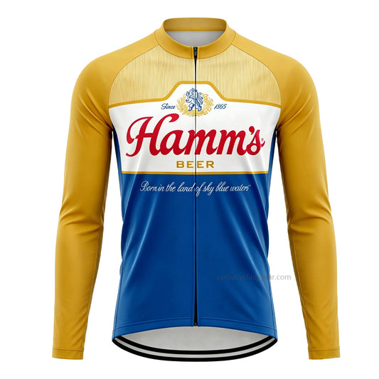 Front view of a blue and gold Hamm's Beer retro long-sleeve cycling jersey.