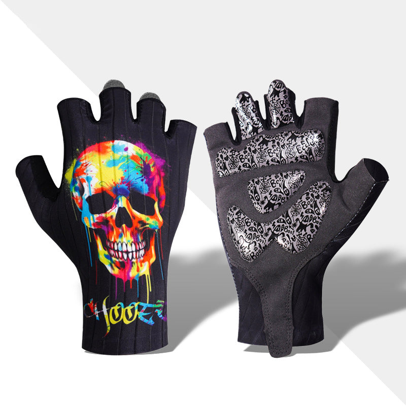 Colorful skull half finger cycling gloves featuring anti-slip gel padded palm
