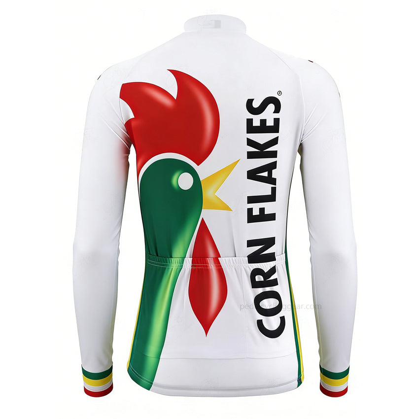 Corn Flakes Rooster Retro Long Sleeve Cycling Jersey back view with three rear pockets