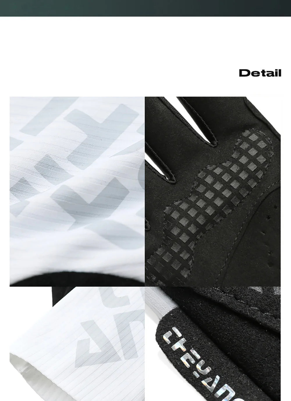 Close-up collage of cycling glove fabric, silicone palm grip, wrist opening and side label.