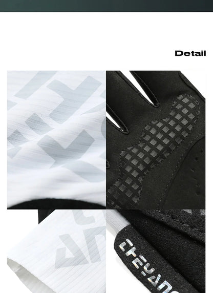 Close-up collage of cycling glove fabric, silicone palm grip, wrist opening and side label.