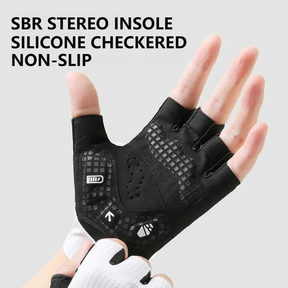 Half-finger cycling glove worn palm-up, showing shaped padding