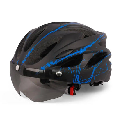 Black cycling helmet with blue graphics and a dark magnetic visor, front three-quarter view