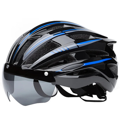 Black cycling helmet with blue and gray stripes and a gray magnetic visor, angled side view