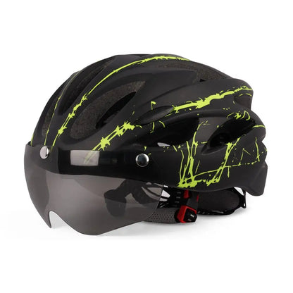 Black cycling helmet with lime green graphics and a dark magnetic visor, front three-quarter view