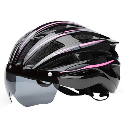 Black cycling helmet with pink and gray stripes and a gray magnetic visor, angled side view
