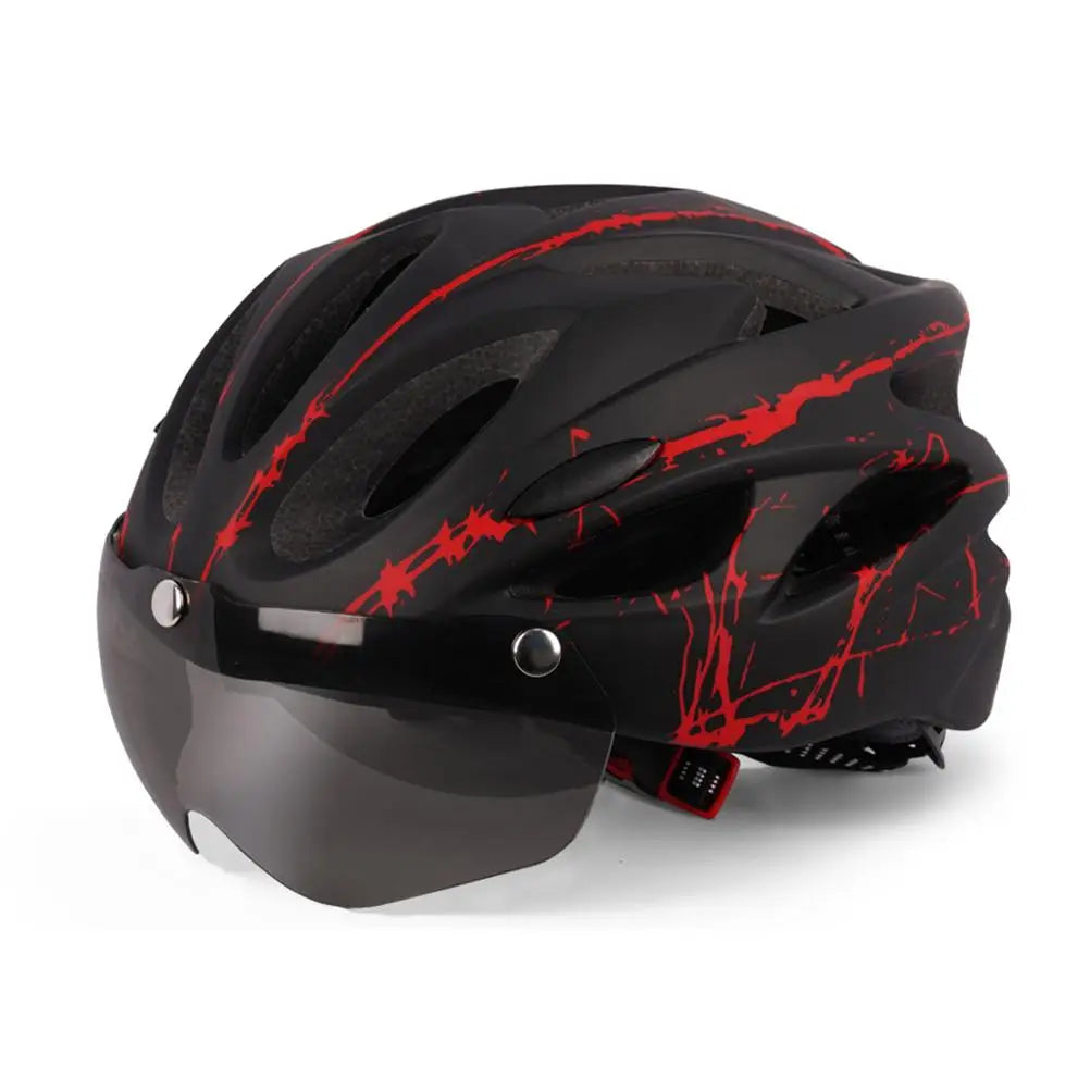 Black cycling helmet with red graphics and a dark magnetic visor, front three-quarter view