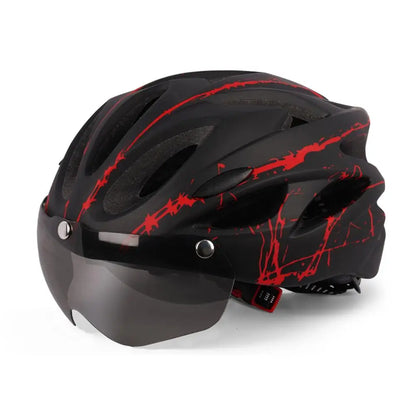Black cycling helmet with red graphics and a dark magnetic visor, front three-quarter view