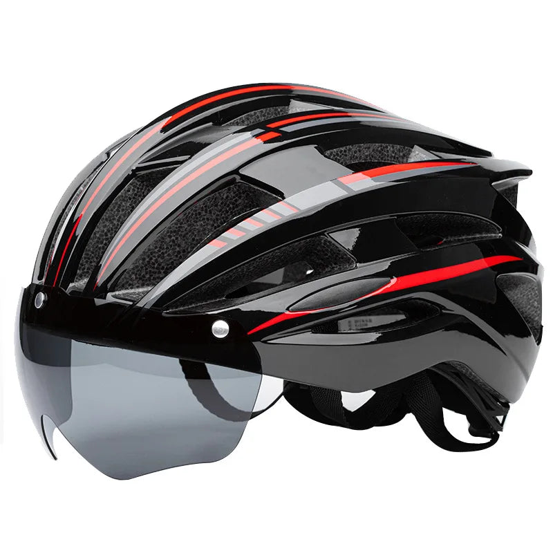 Black cycling helmet with red and gray stripes and a gray magnetic visor, angled side view