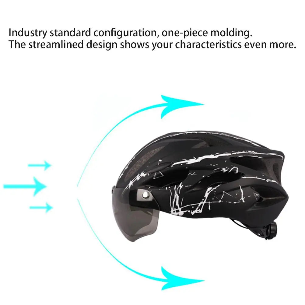 Black cycling helmet with white graphics and magnetic visor above a feature icon panel