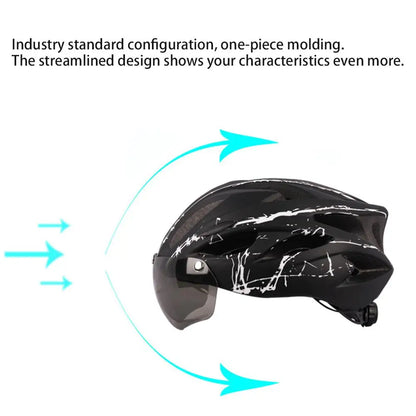Black cycling helmet with white graphics and magnetic visor above a feature icon panel