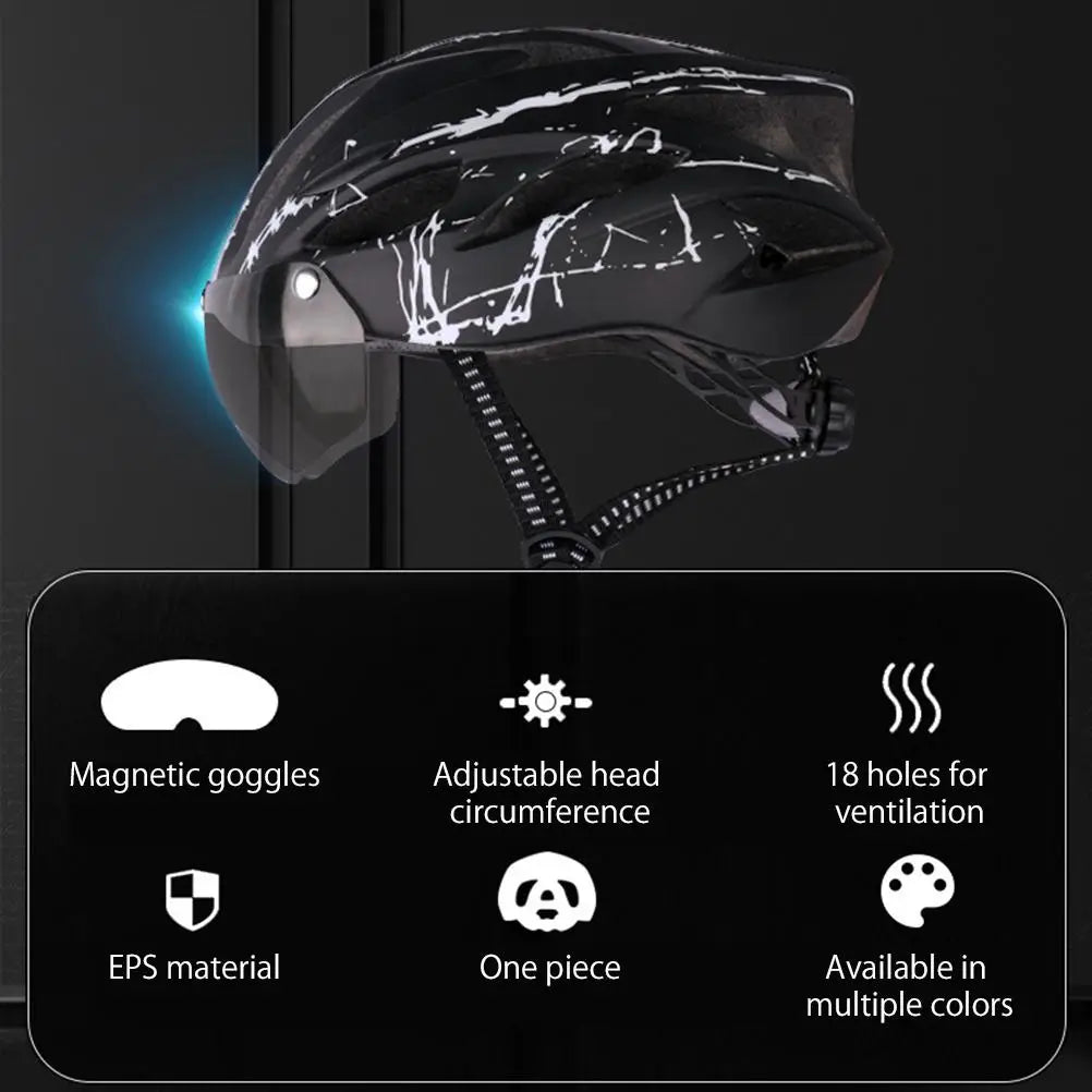 Side view of a black cycling helmet with white graphics and visor, with airflow arrows