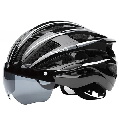 Black cycling helmet with white and gray stripes and a gray magnetic visor, angled side view
