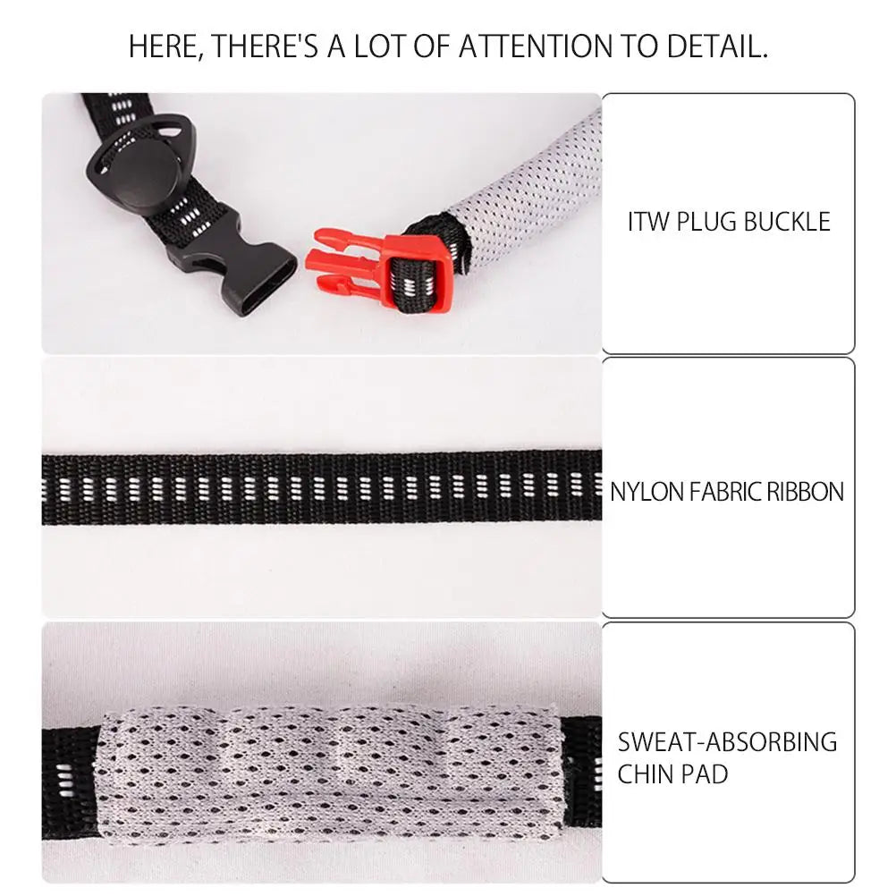 Cycling helmet strap details showing the buckle, black webbing and mesh chin pad