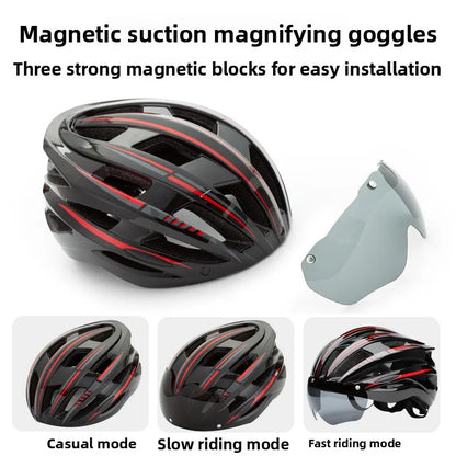Black and red cycling helmet with a detached gray visor and examples of visor attachment positions