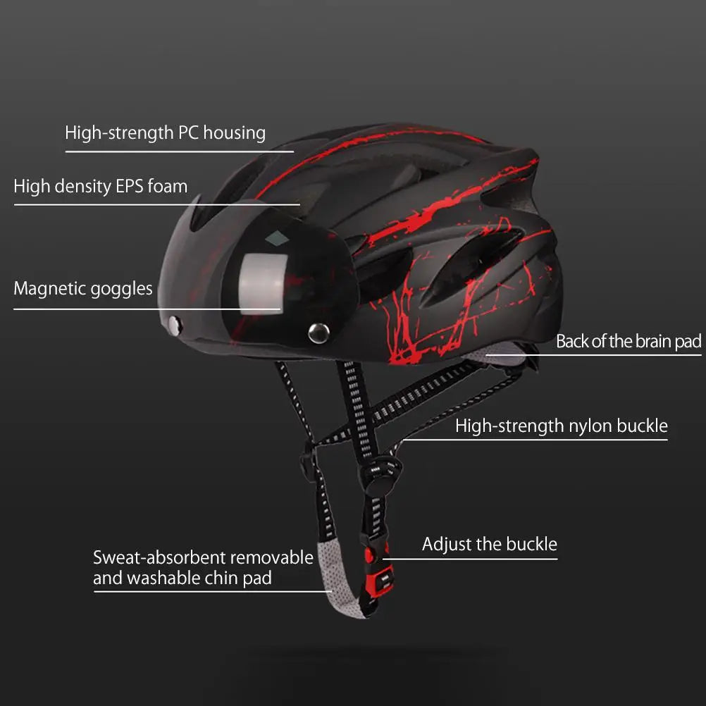 Annotated black and red cycling helmet showing the visor, shell, straps and chin pad