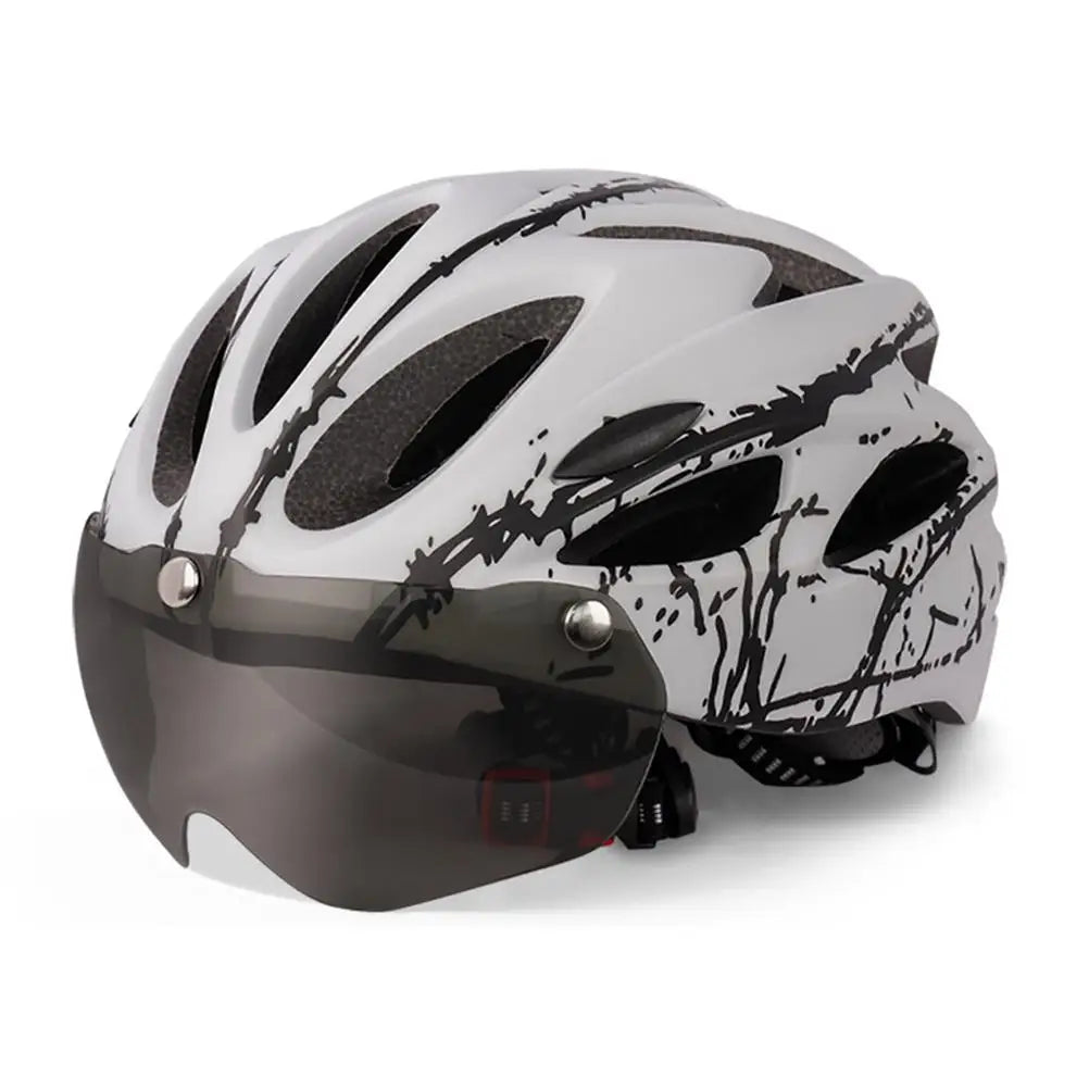 White cycling helmet with red graphics and a dark magnetic visor, front three-quarter view