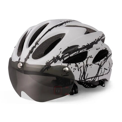 White cycling helmet with red graphics and a dark magnetic visor, front three-quarter view