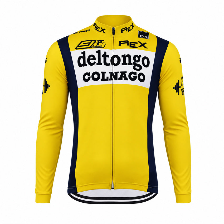 Del Tongo Colnago Retro Long Sleeve Cycling Jersey – Yellow Black front view showing the sponsor graphics