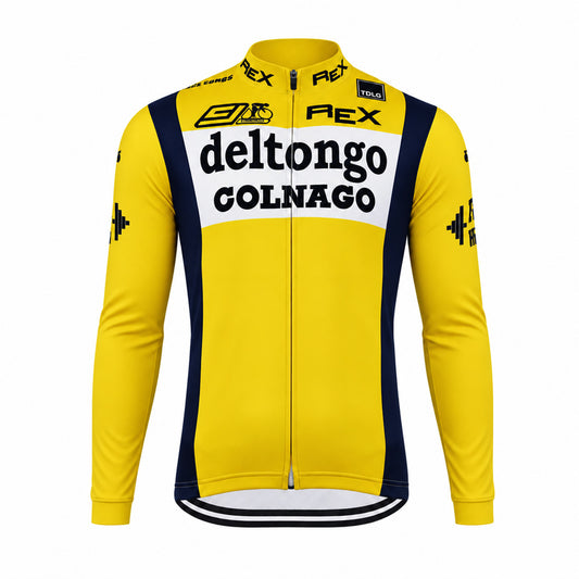 Del Tongo Colnago Retro Long Sleeve Cycling Jersey – Yellow Black front view showing the sponsor graphics