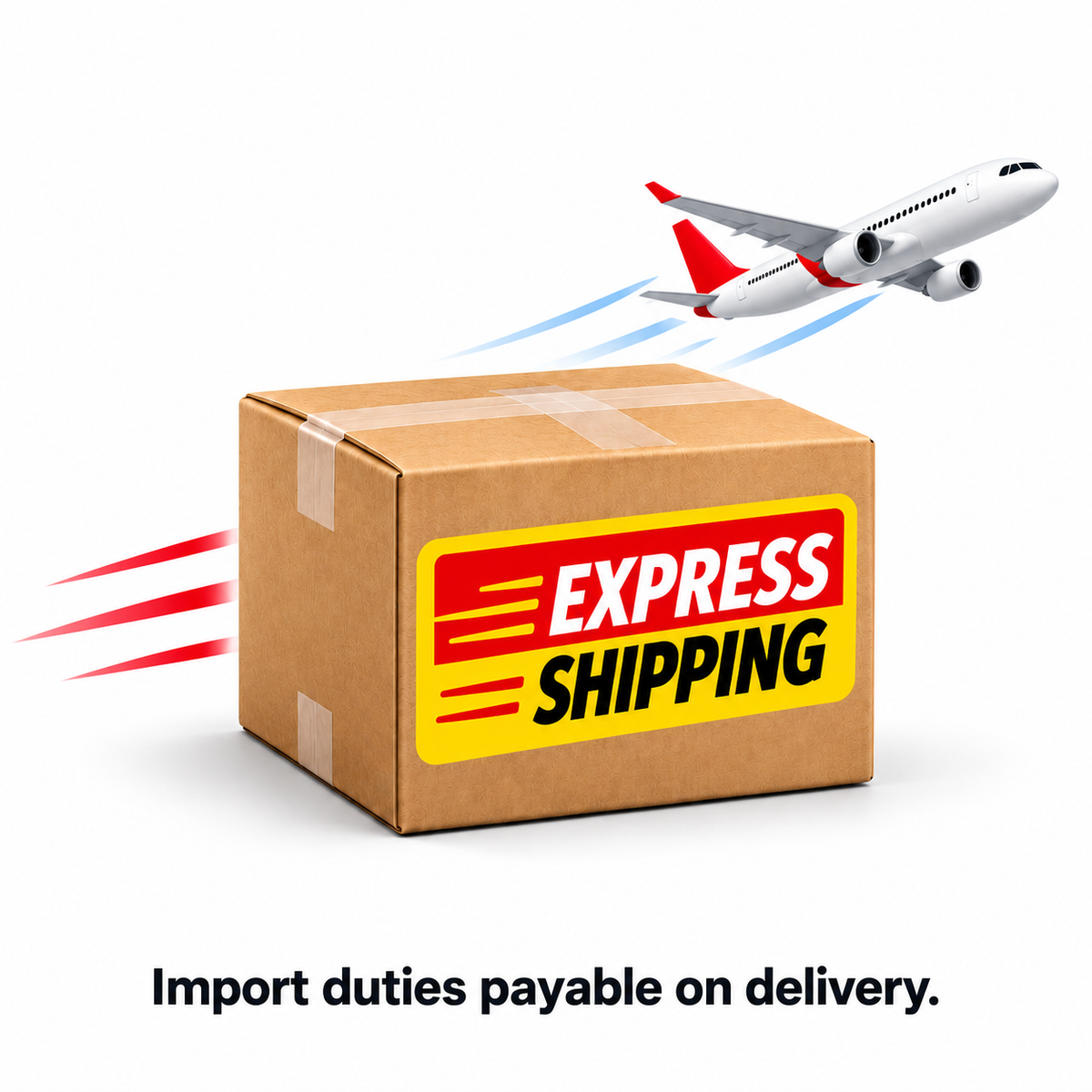 Express shipping parcel with a note that import duties are payable on delivery